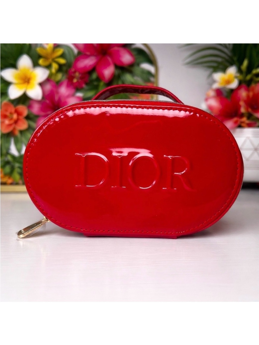 Dior Glossy Red Oval Top-Handle Cosmetic Case